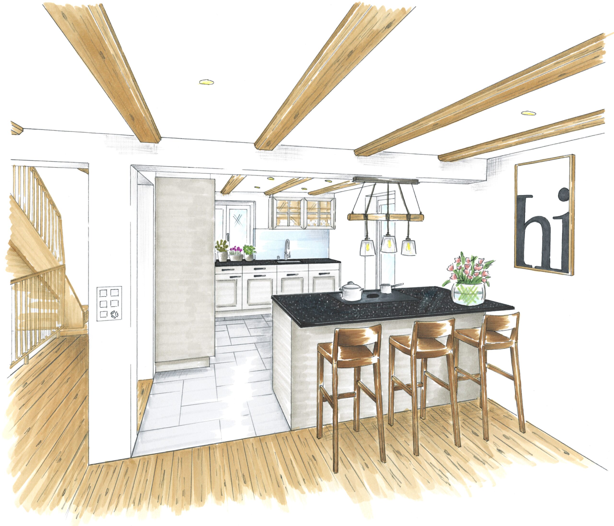 Perspektive coloriert Küche Landhausstyle gestemmte Fronten Sichtbalken